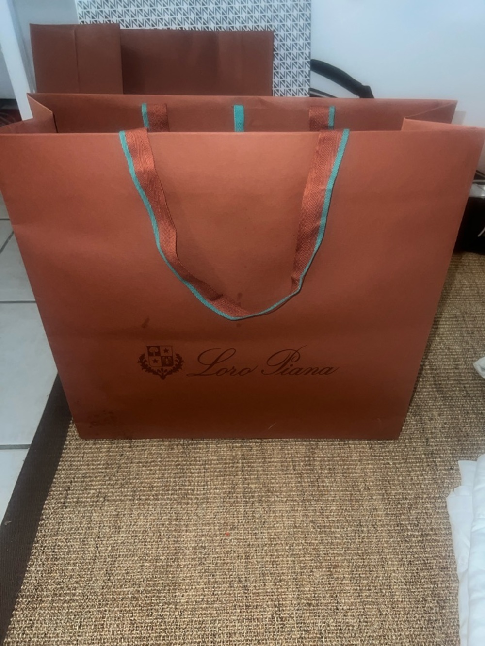 Loro Piana Brown Paper Shopping Bag with Teal-Trim Handles